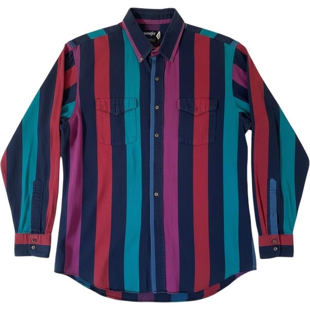 Vintage Wrangler Brushpopper XL 17.5x36 Made USA Multi Stripe Western Shirt Mens